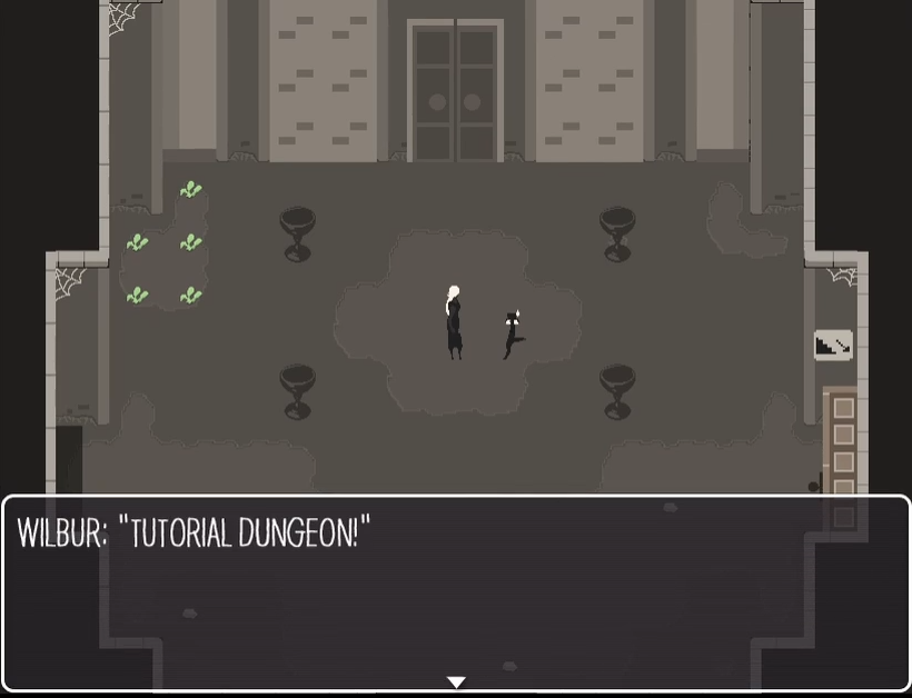 Image of two characters with dialogue from a character named Wilbur: 'Tutorial dungeon.'